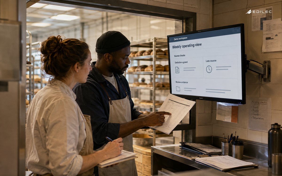 Operations staff reconcile source definitions before using a weekly report.