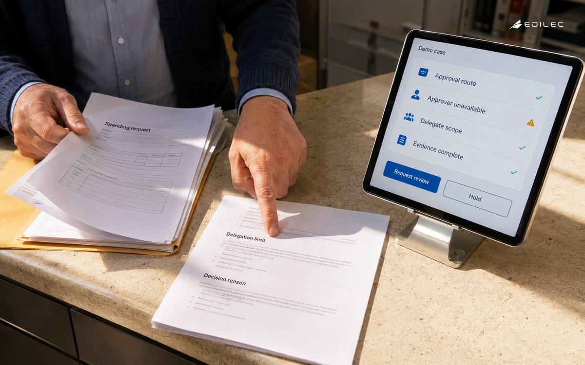 A reviewer checks delegation policy against a spending request before routing approval.