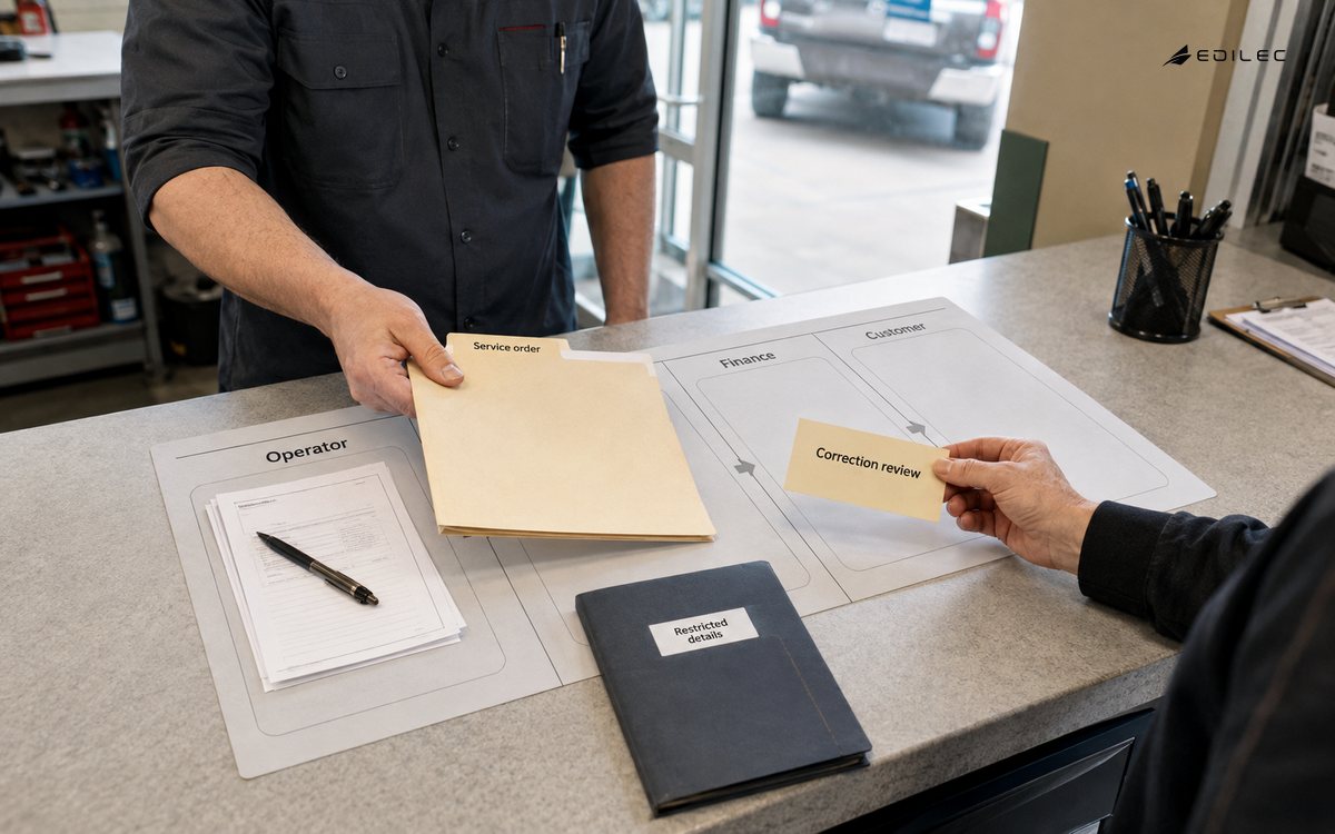 Hands route a service-order folder and correction card across distinct business roles.