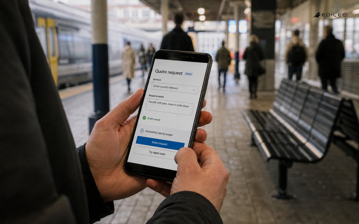 Standing traveler uses a mobile quote form that preserves a delayed request.