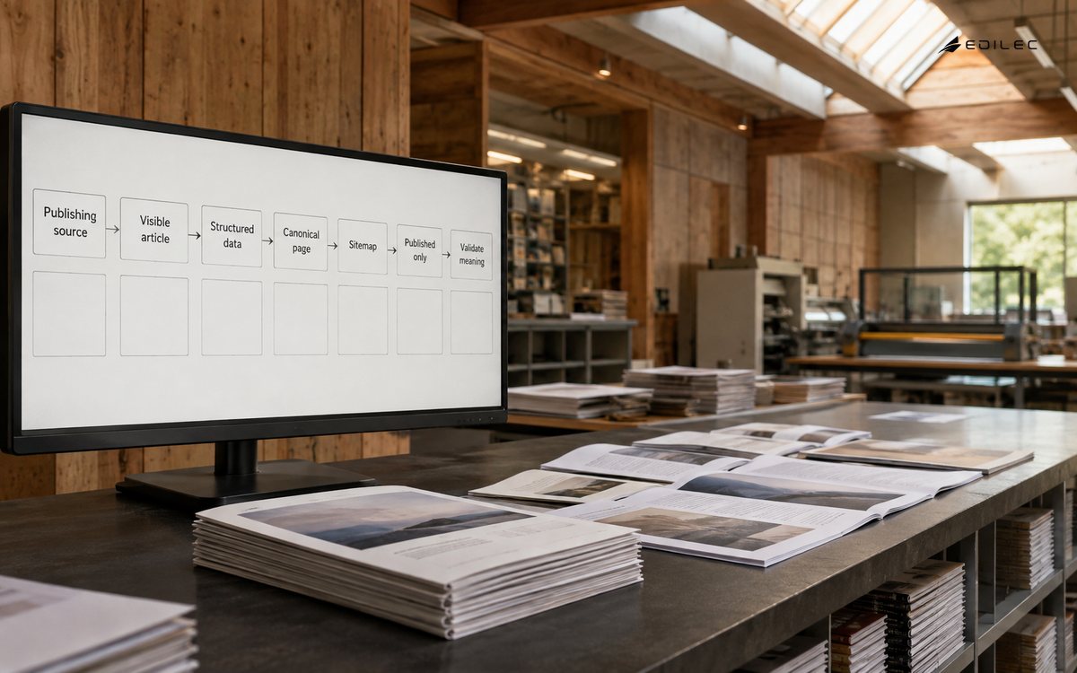 A publishing counter connects visible articles, structured data and a canonical sitemap.