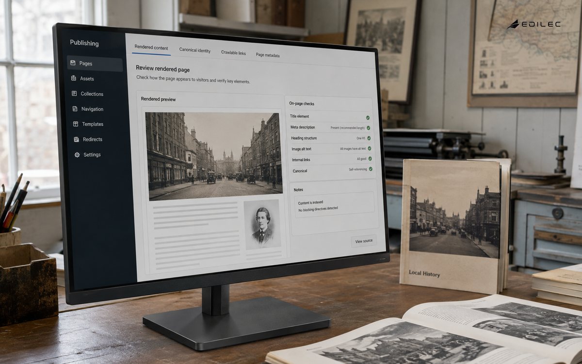 A publishing inspector checks rendered content and page identity.