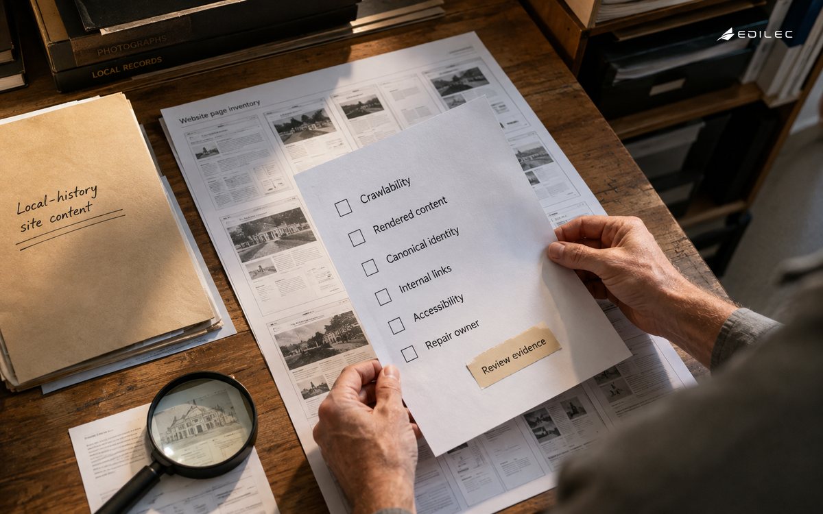 Hands review a website page inventory against search-readiness evidence and a repair owner.