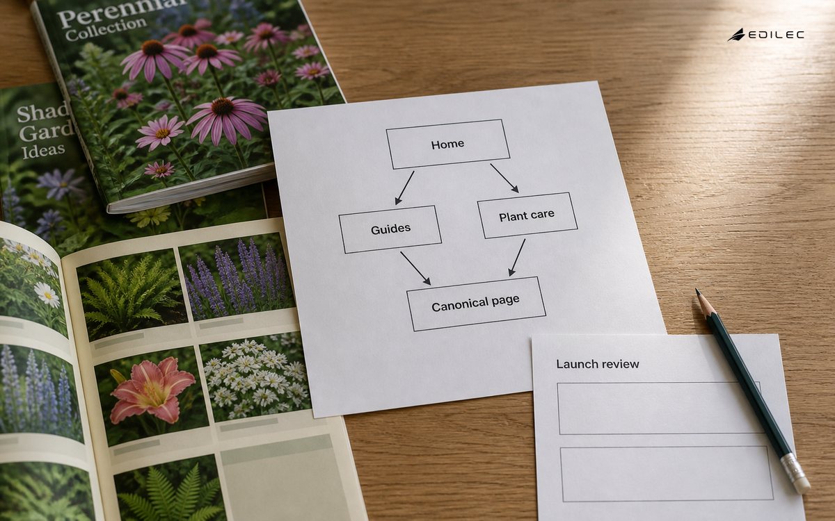 Overhead paper photograph at a horticultural publisher table.
