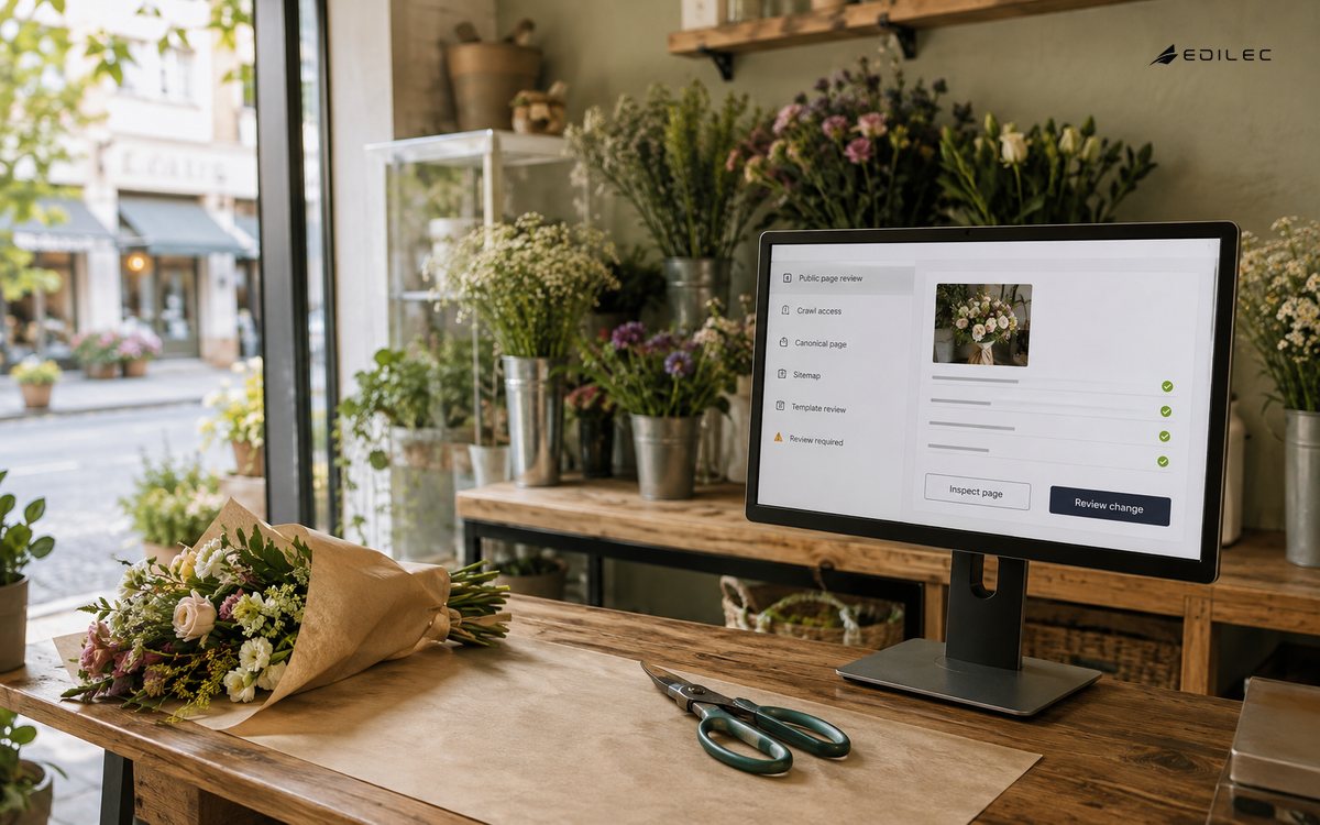 A florist counter shows a public-page review for crawl access and canonical signals.
