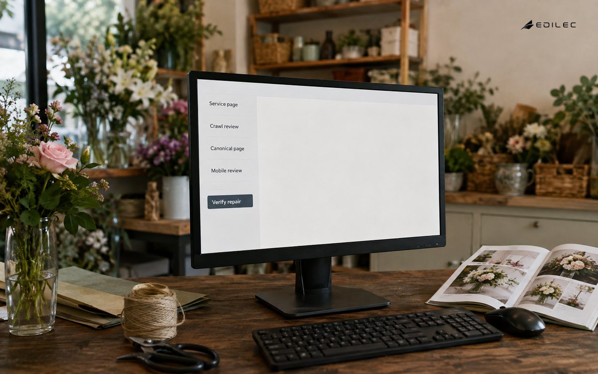 Wide photograph of a local florist office behind the shop, flowers and a product catalog.