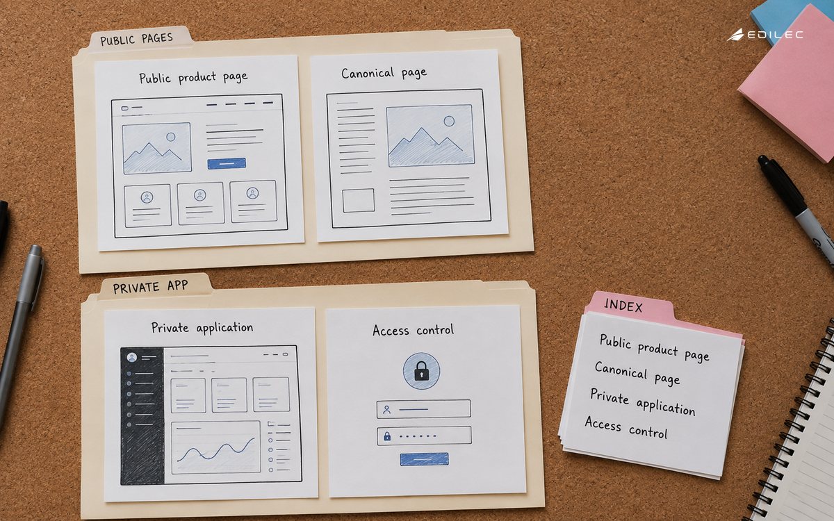 Top-down photo of product website planning cards on a cork table in a design classroom.