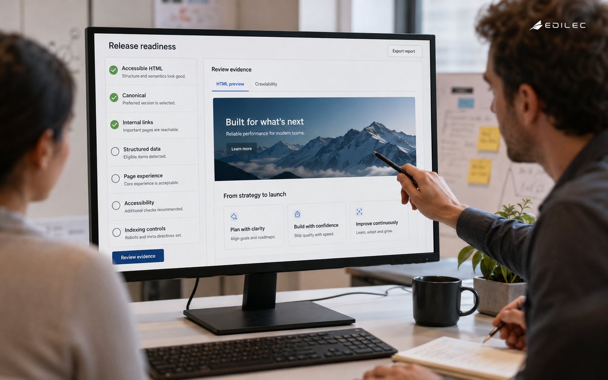 Software-led photograph of a freestanding conventional monitor at a website launch review table, release checklist with an HTML preview and crawlability controls.