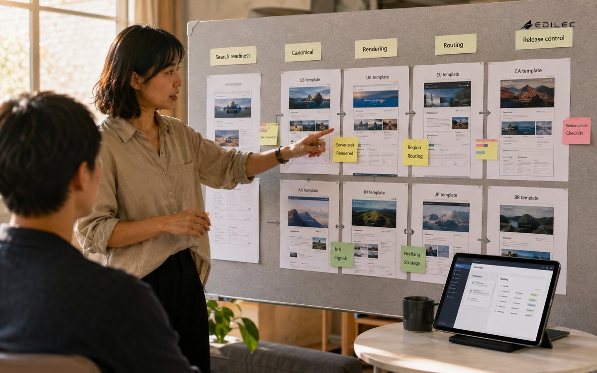 Medium photograph of a website architecture workshop, printed regional page templates on a pinboard, a small supported tablet on side table, warm sunlight.