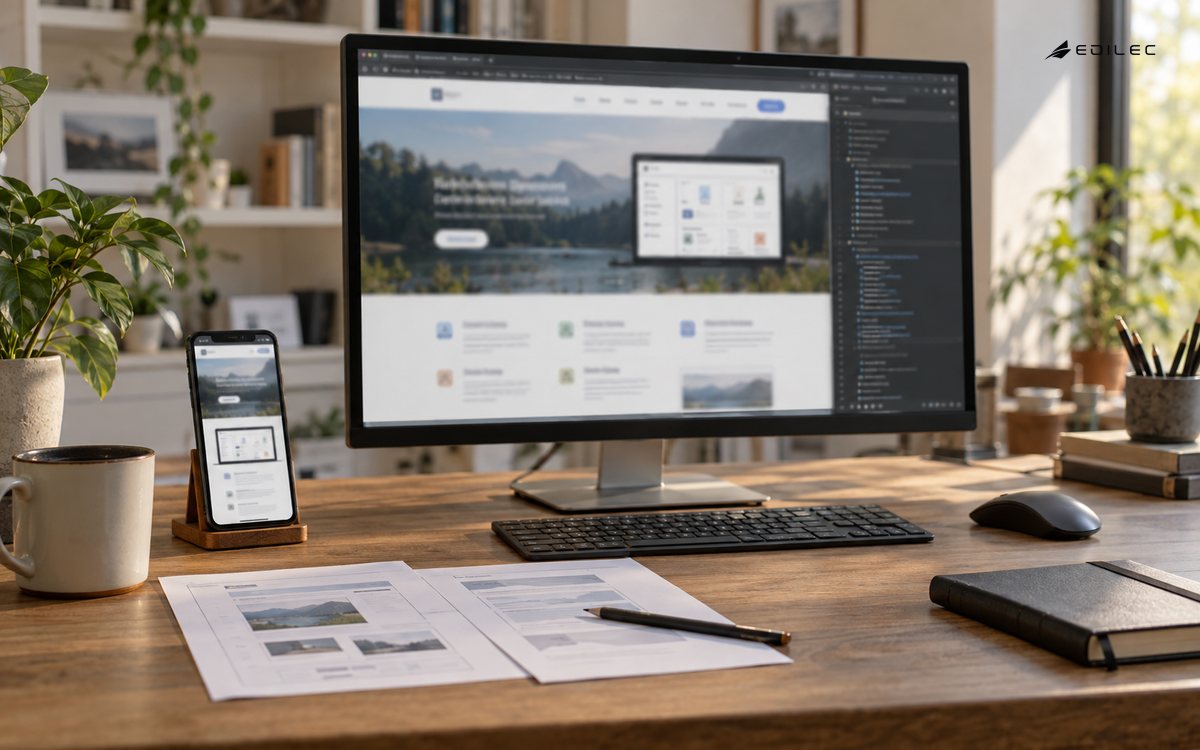 A software website and mobile page layout sit beside printed page drafts at a review desk.