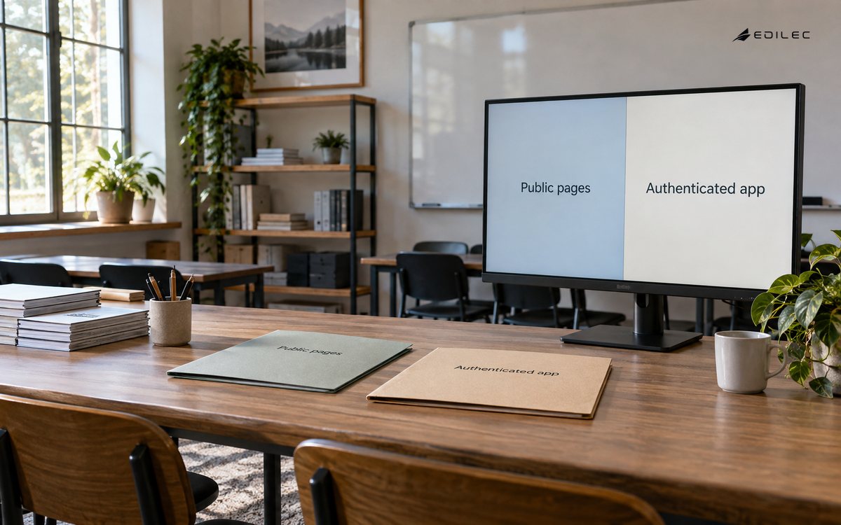 A training-studio screen and paper stacks carry public-page and authenticated-app planning labels.