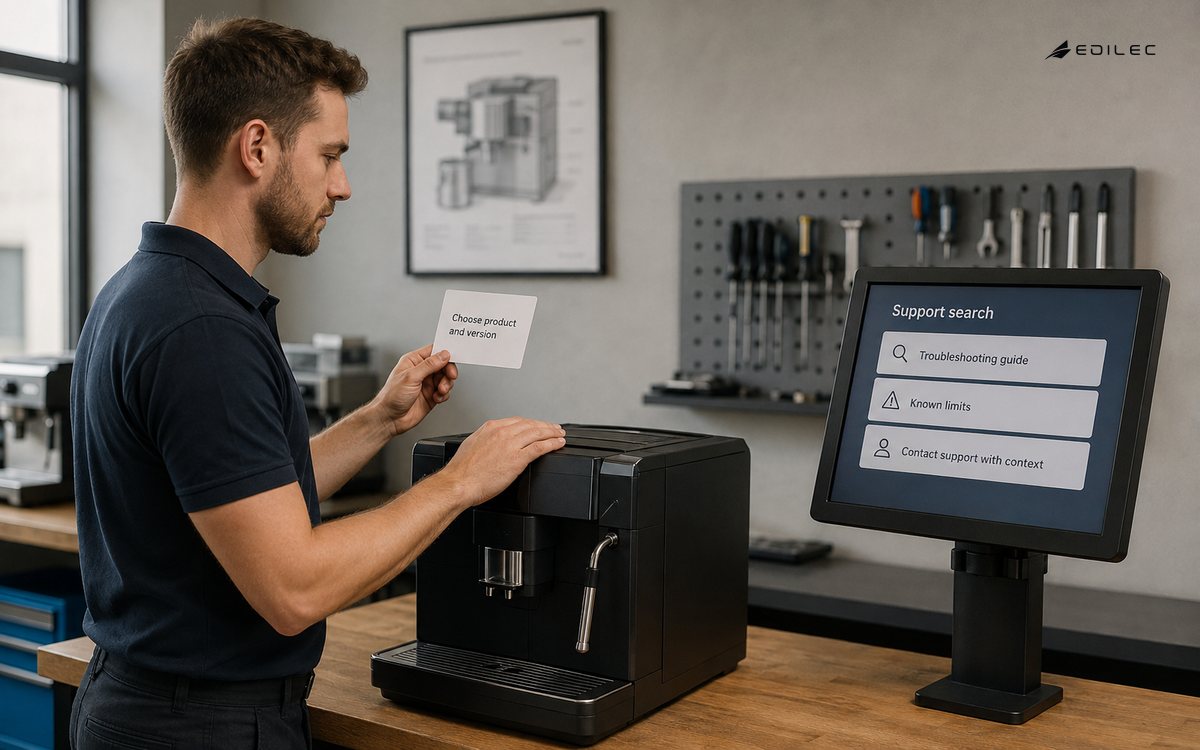 A technician pairs a training machine with product-version context and a support guide.