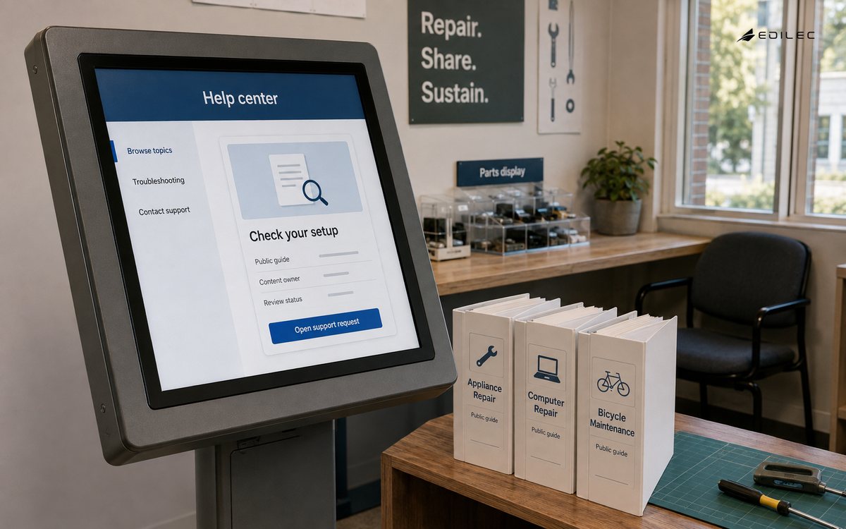 A repair help corner offers a public troubleshooting guide and a separate support-request route.
