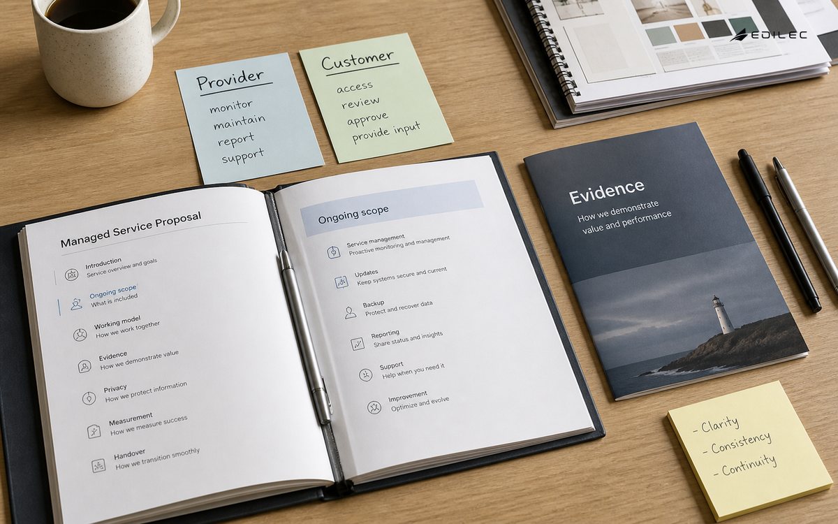 Tactile overhead photograph of a managed-service proposal open beside responsibilities cards and an evidence booklet in a marketing planning studio.