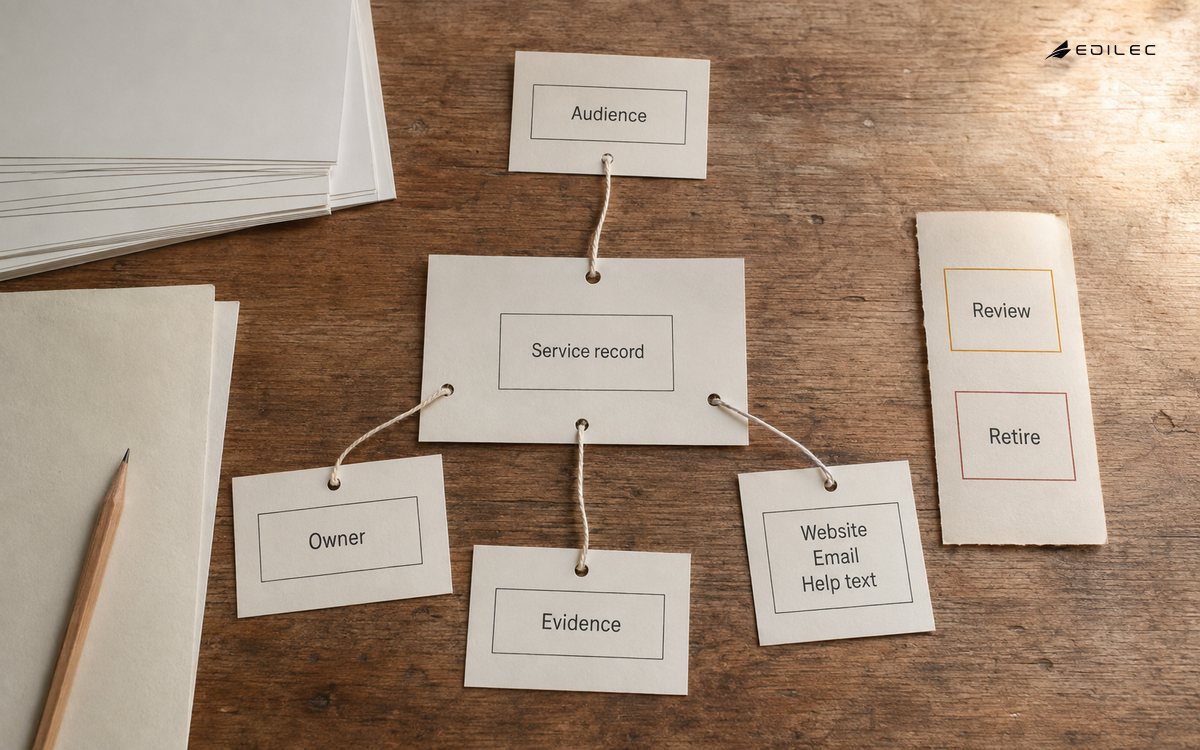 A paper service record connects website, email and help-text channels to shared ownership and review.