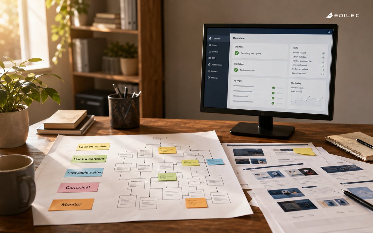 Wide photograph of a web editorial launch workspace with a printed site map and page proof sheets beside a modest manufactured display; warm sidelight.