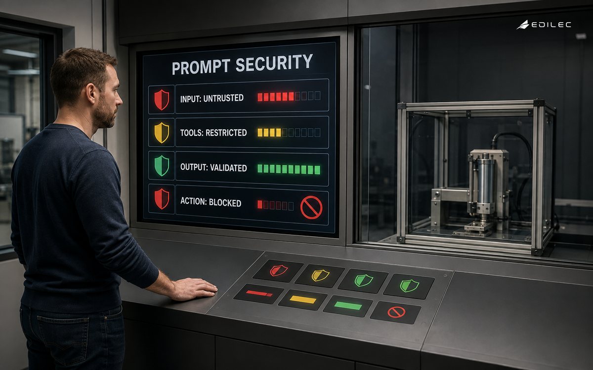 An engineer reviews a prompt security boundary with untrusted input, restricted tools, validated output and a blocked action.
