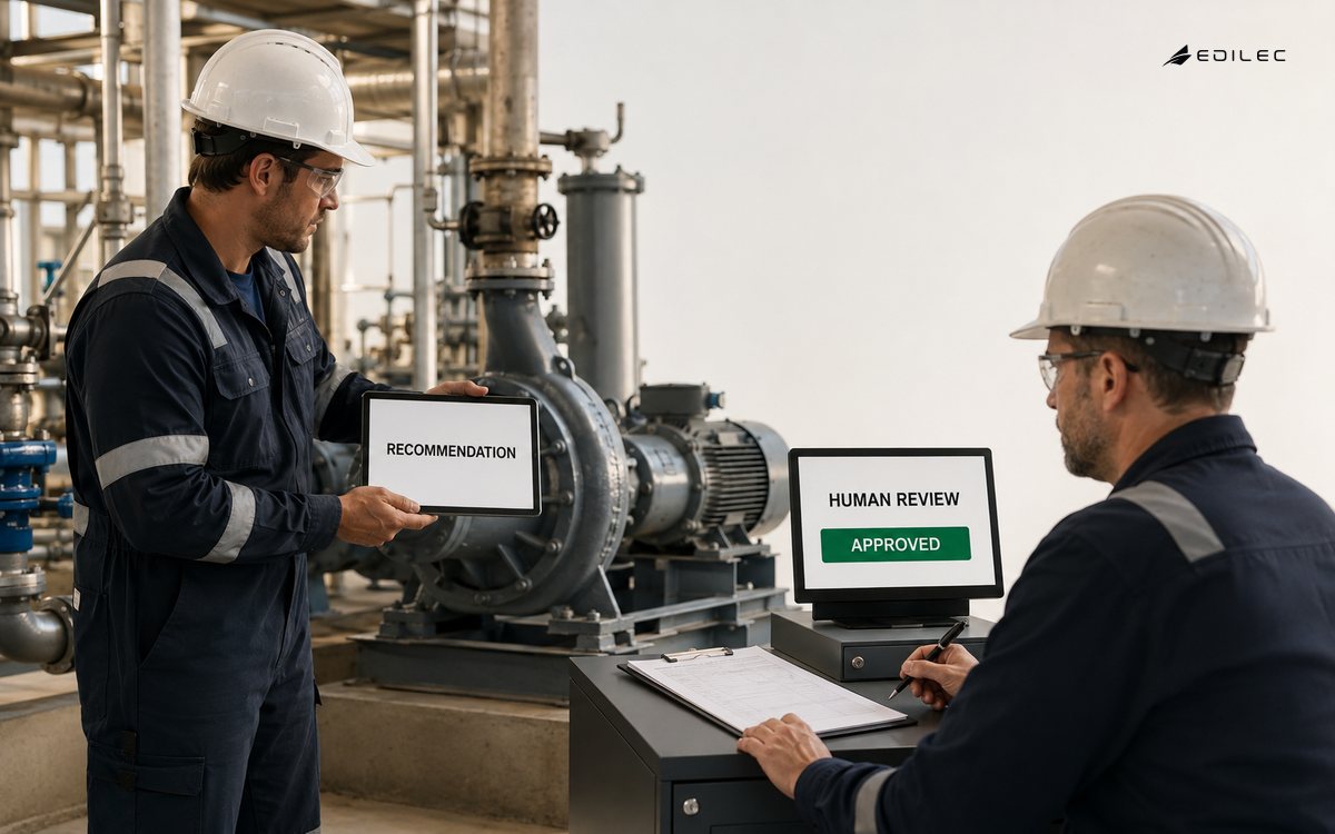 A field technician presents a Recommendation while a supervisor reviews an Approved human-review station.