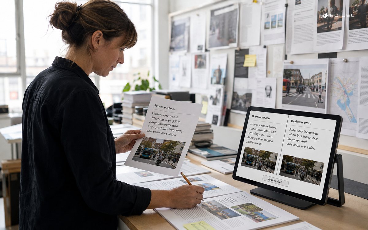 An editor stands comparing a printed source brief with an AI-proposed summary on a modest opaque LCD tablet in a stable black metal stand.