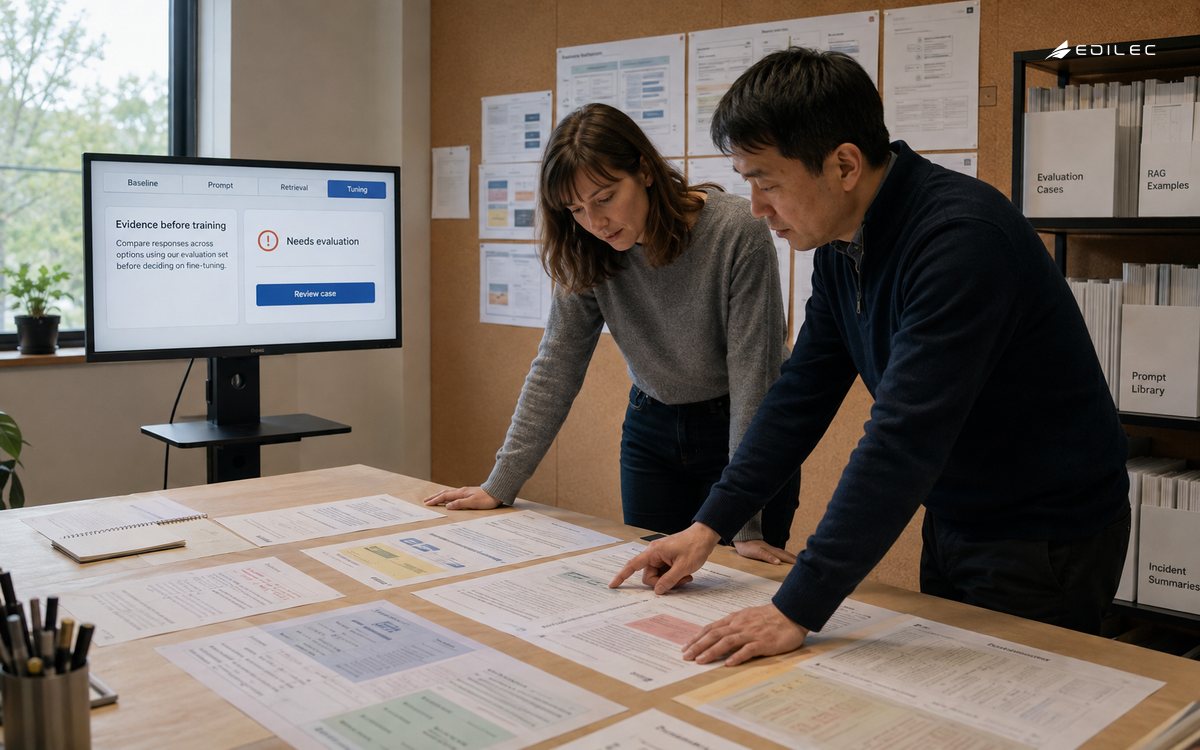 Colleagues compare printed evaluation cases beside a monitor showing evidence before model training.