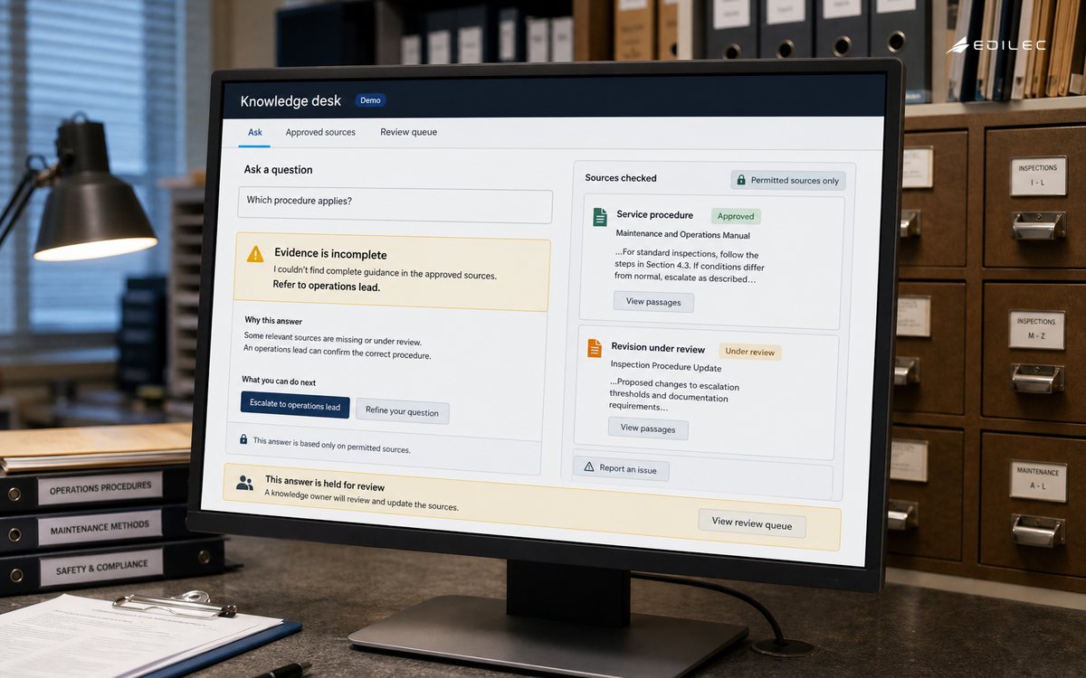 A records-room monitor presents an incomplete knowledge answer alongside approved source evidence.