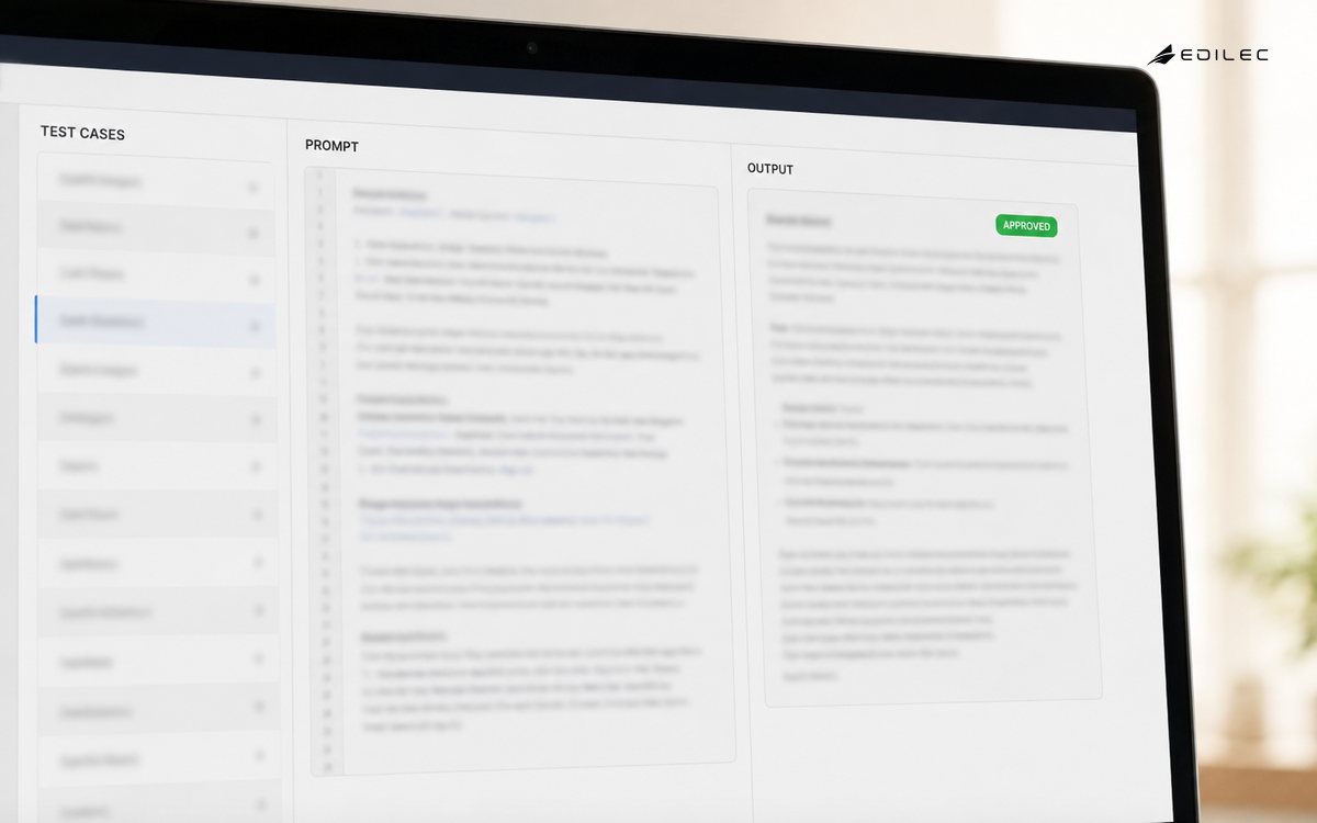 A prompt-testing application compares Test Cases, Prompt and Output before an Approved decision.