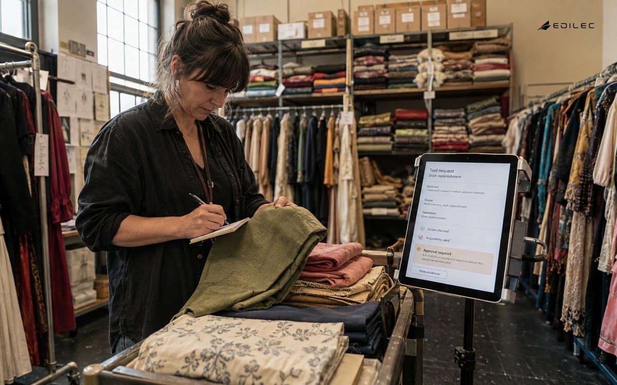 Wardrobe inventory planner counting fabric beside a tablet showing a replenishment draft awaiting approval.