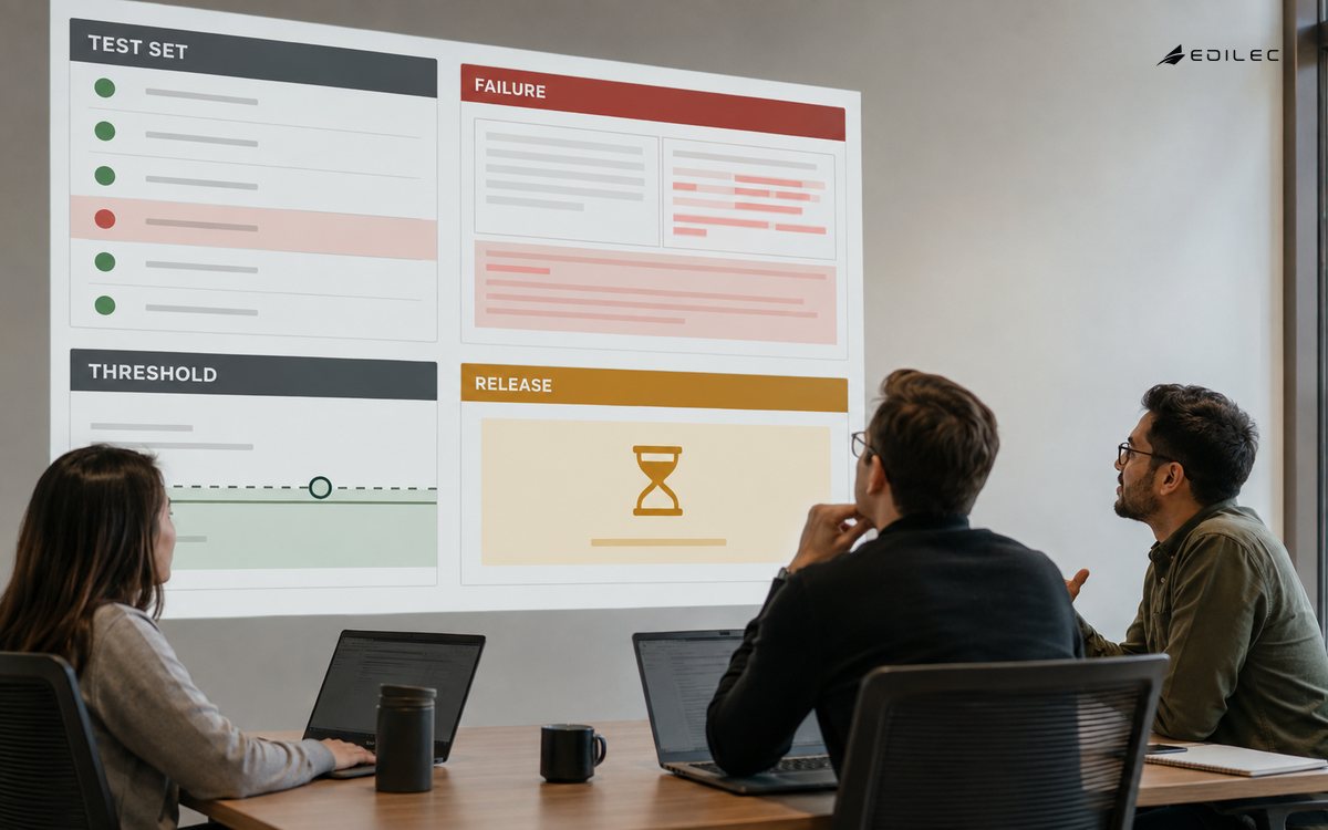 Engineers review Test Set, Failure, Threshold and Release evidence in a model-evaluation application.