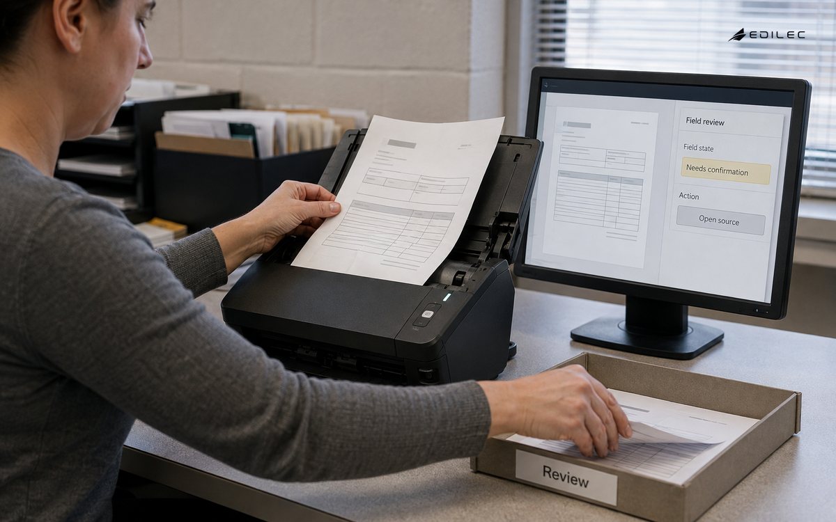 Intake worker scanning a source document and separating an uncertain extraction into a review tray.