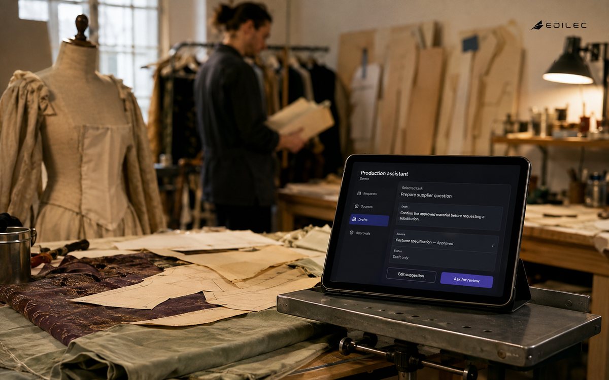 A production assistant prepares a supplier question from an approved costume specification.