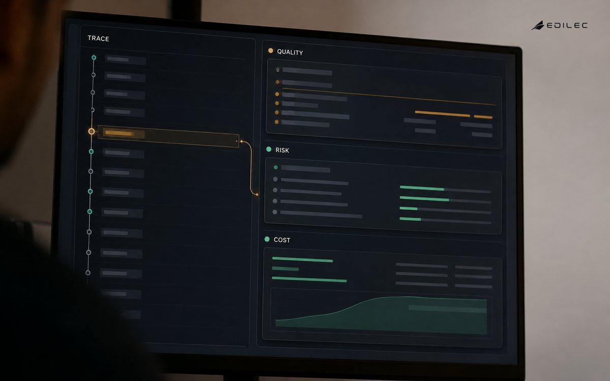 An engineer inspects Trace, Quality, Risk and Cost panels for one software request.