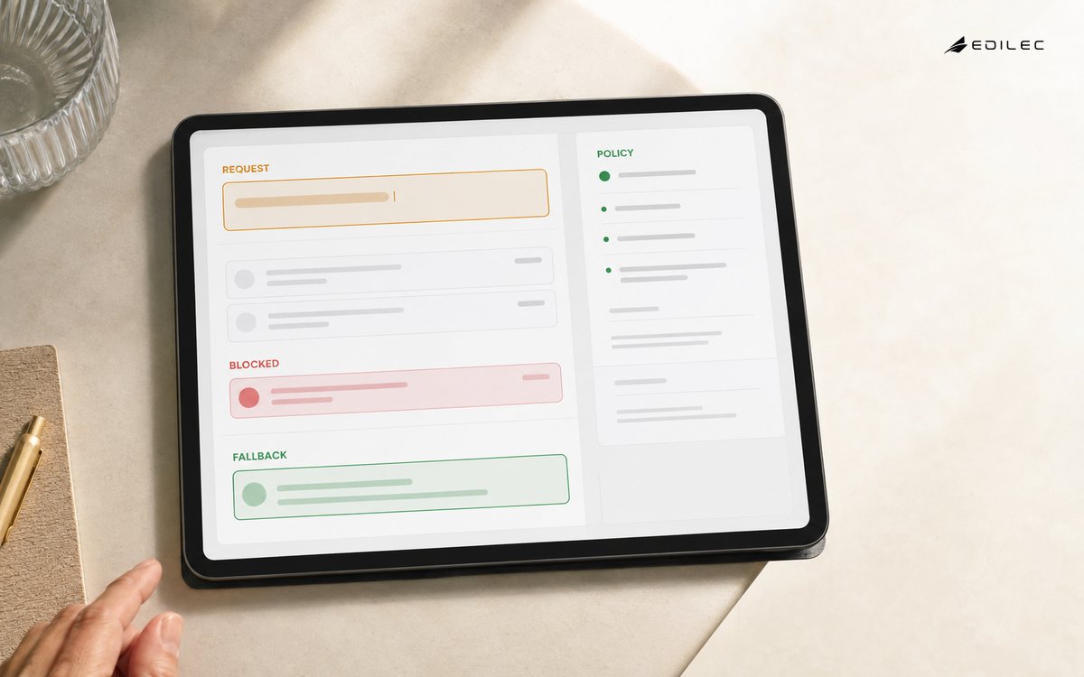 A tablet application evaluates a Request against Policy, blocks an unsafe response and presents a Fallback.