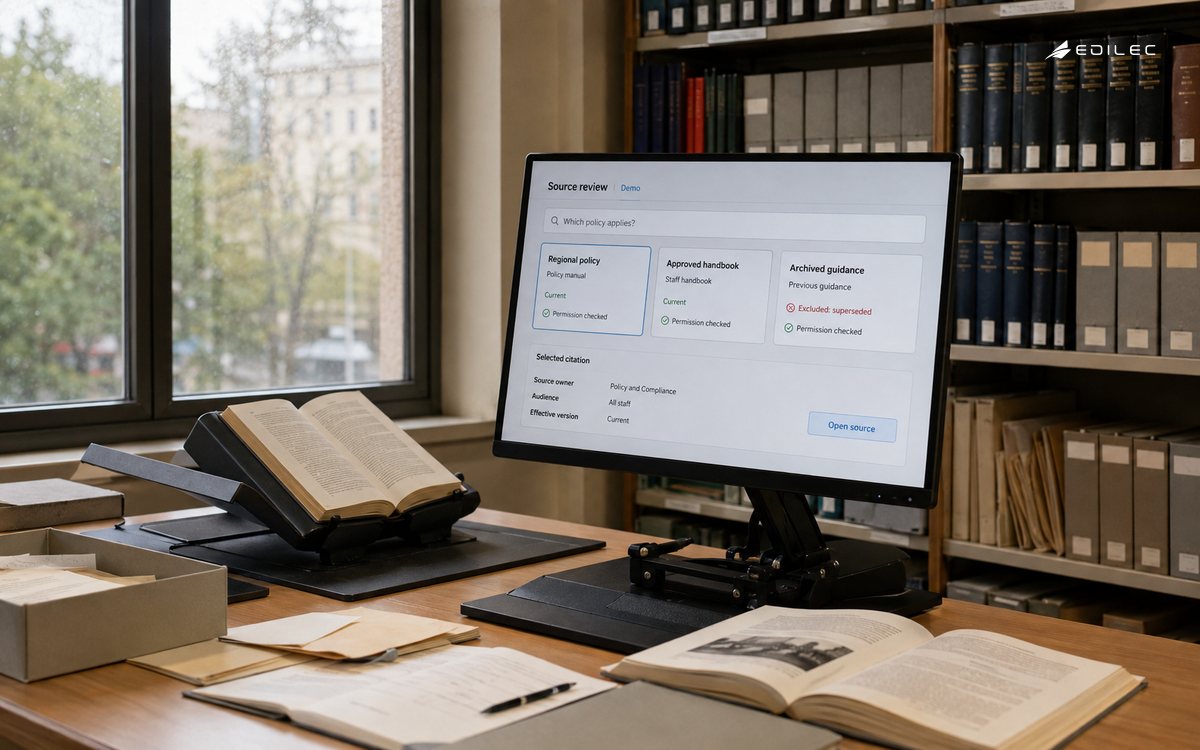 A library source-review screen sits beside a book cradle and reference collections.