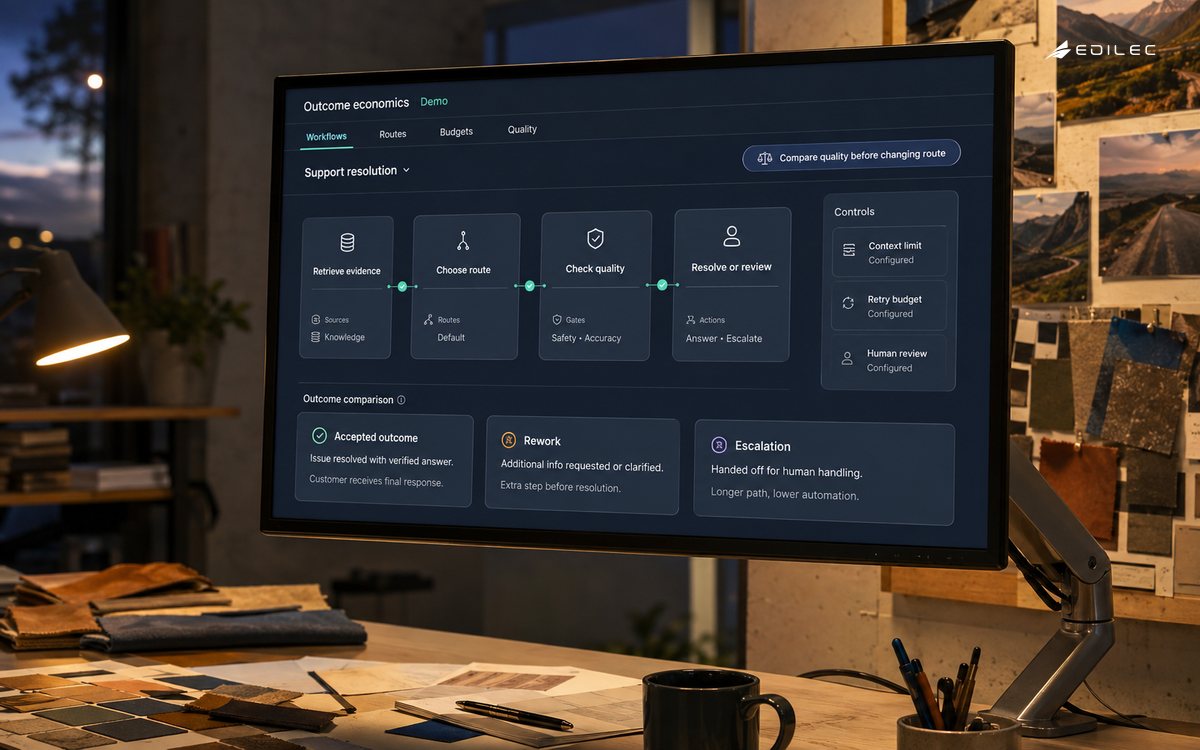 An AI support-workflow review shows routing, quality checks and configured budgets.
