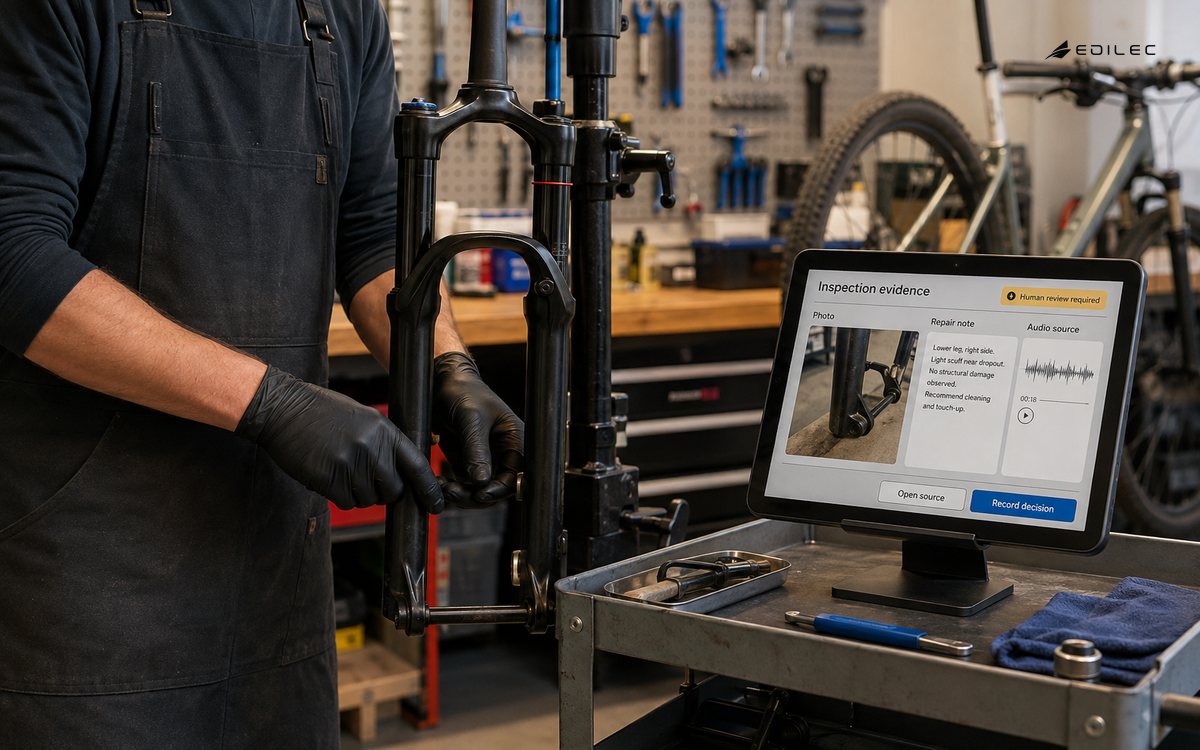 A mechanic reviews photo, note and audio evidence beside a bicycle under inspection.