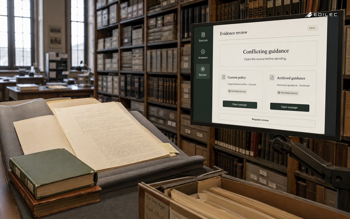 Archive reading room with source documents beside a monitor showing an evidence review workspace.