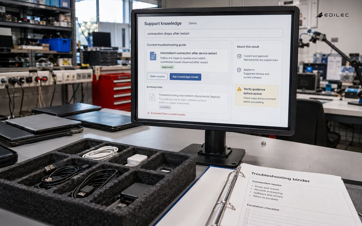 Repair support bay with a monitor showing current troubleshooting guidance beside a controlled paper binder.