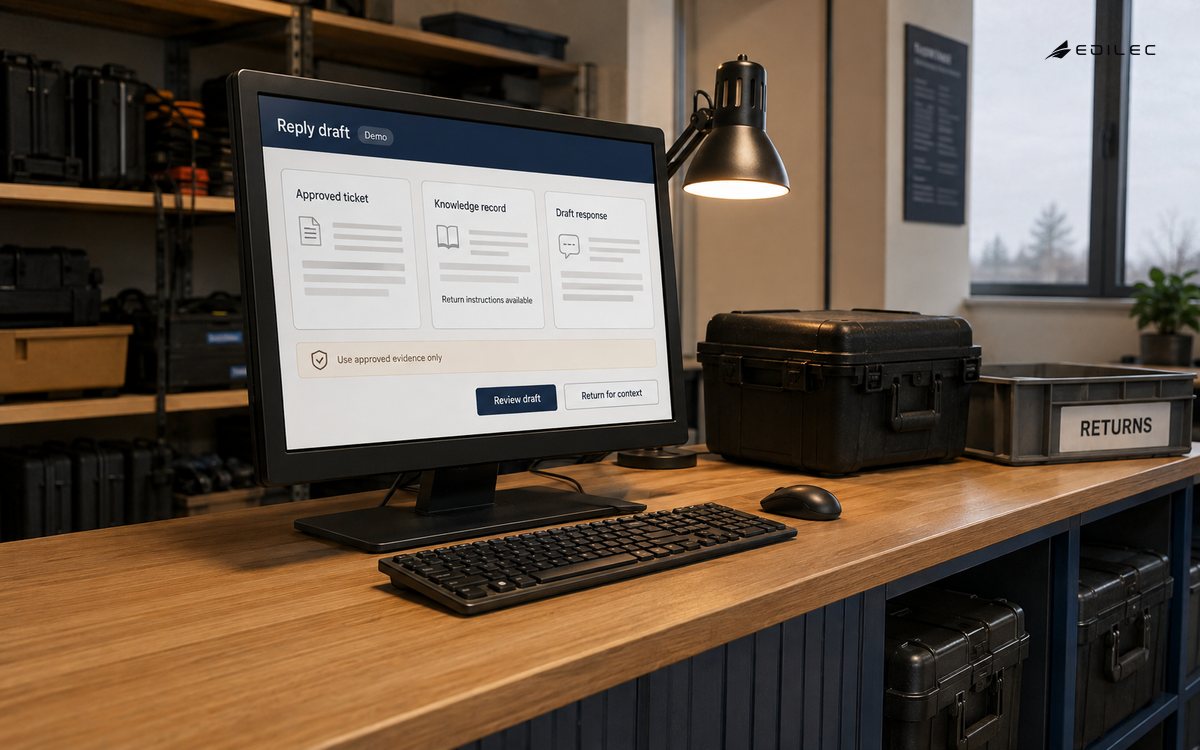 A service-desk monitor groups an approved ticket, knowledge record, and reply draft beside returned equipment.