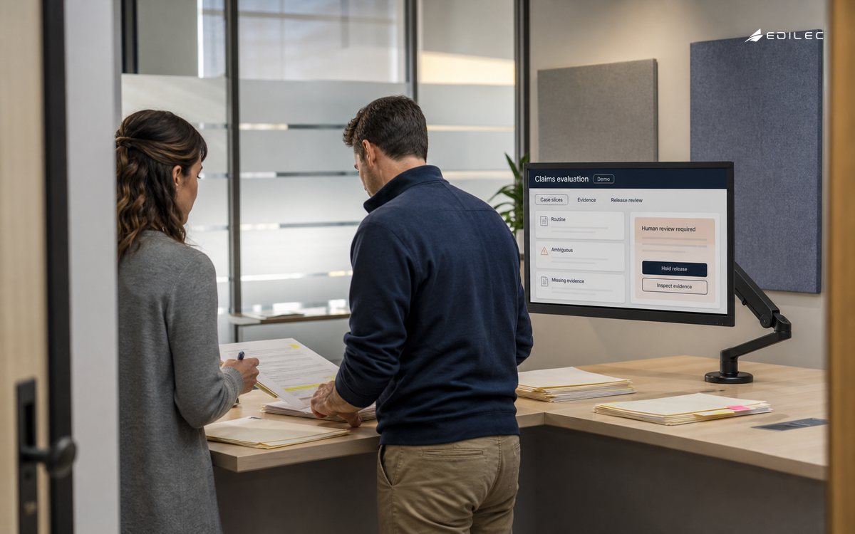 Reviewers compare practice claims folders beside an evaluation screen in a training suite.