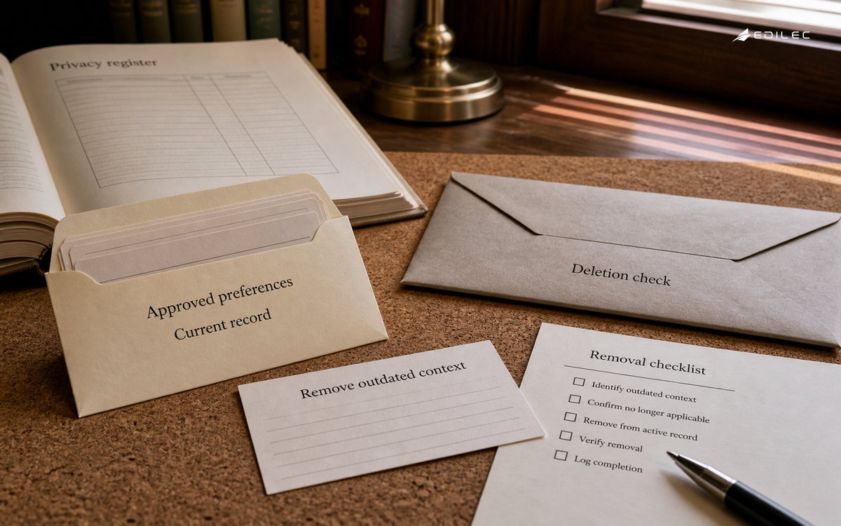 A privacy register and approved-preference envelope sit beside a removed context card and deletion checklist.