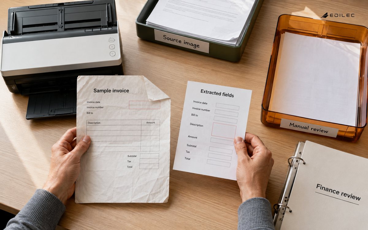Hands comparing a sample invoice and extraction slip before placing them in a manual-review tray beside a scanner.
