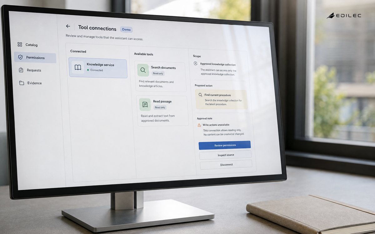 A tool-connection review on a desktop monitor shows read-only access to an approved knowledge collection.