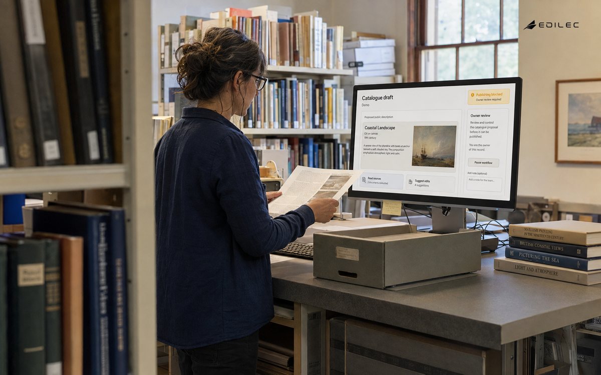 A catalogue editor checks source papers beside a fictional AI draft held for owner review.