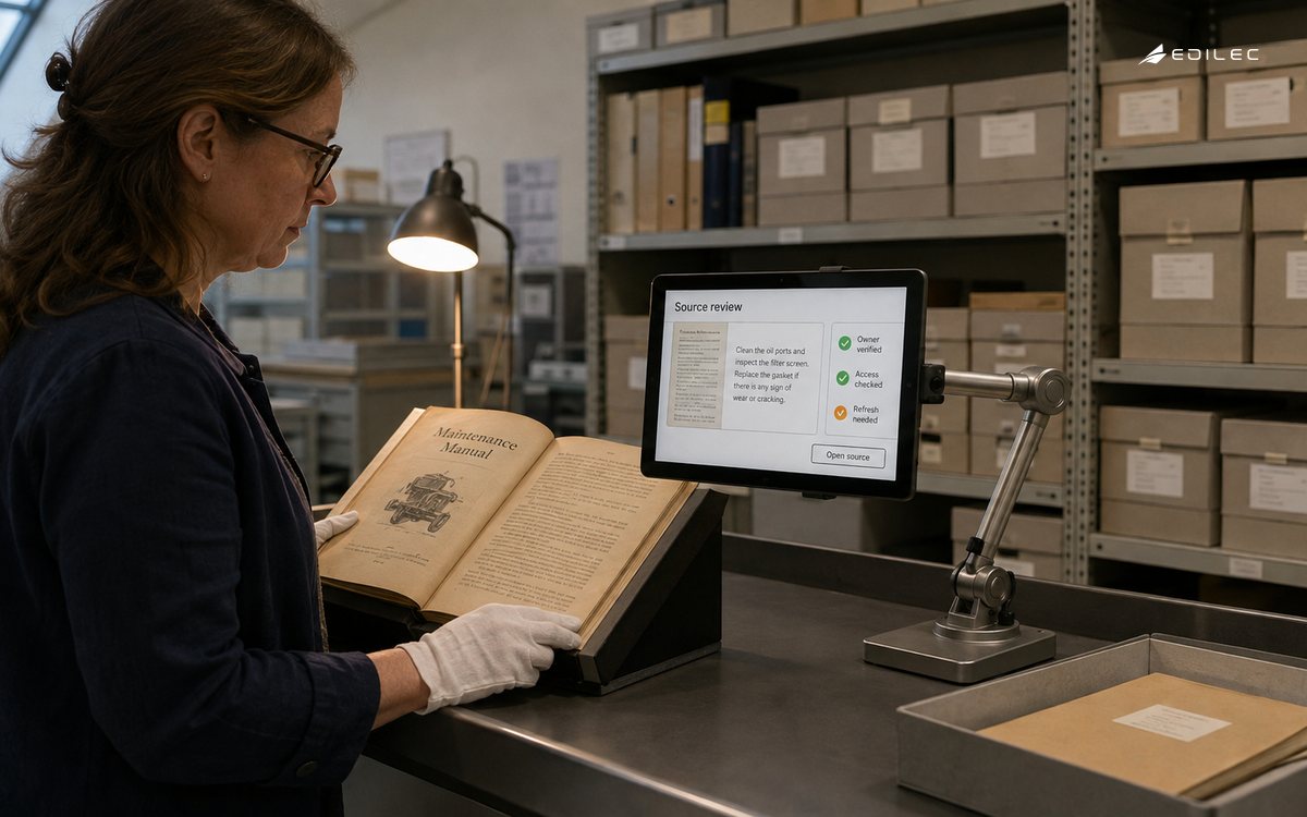 An archivist compares a bound source manual with a retrieval review on a mounted tablet.