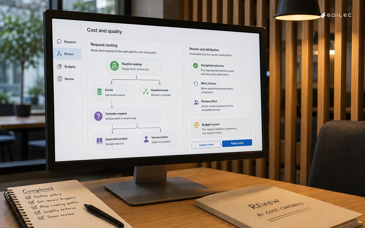 A cost-and-quality review application connects request routes, retries and human review to an accepted outcome.