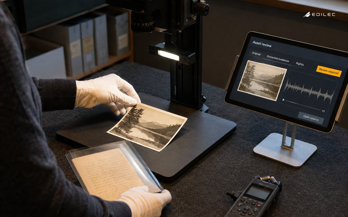 Archivist arranging a photograph and document beneath a copy camera beside an asset-review tablet.