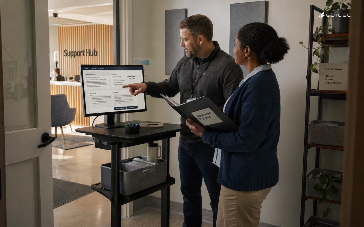 Support colleagues compare a response draft on a lectern monitor with an approved policy binder.
