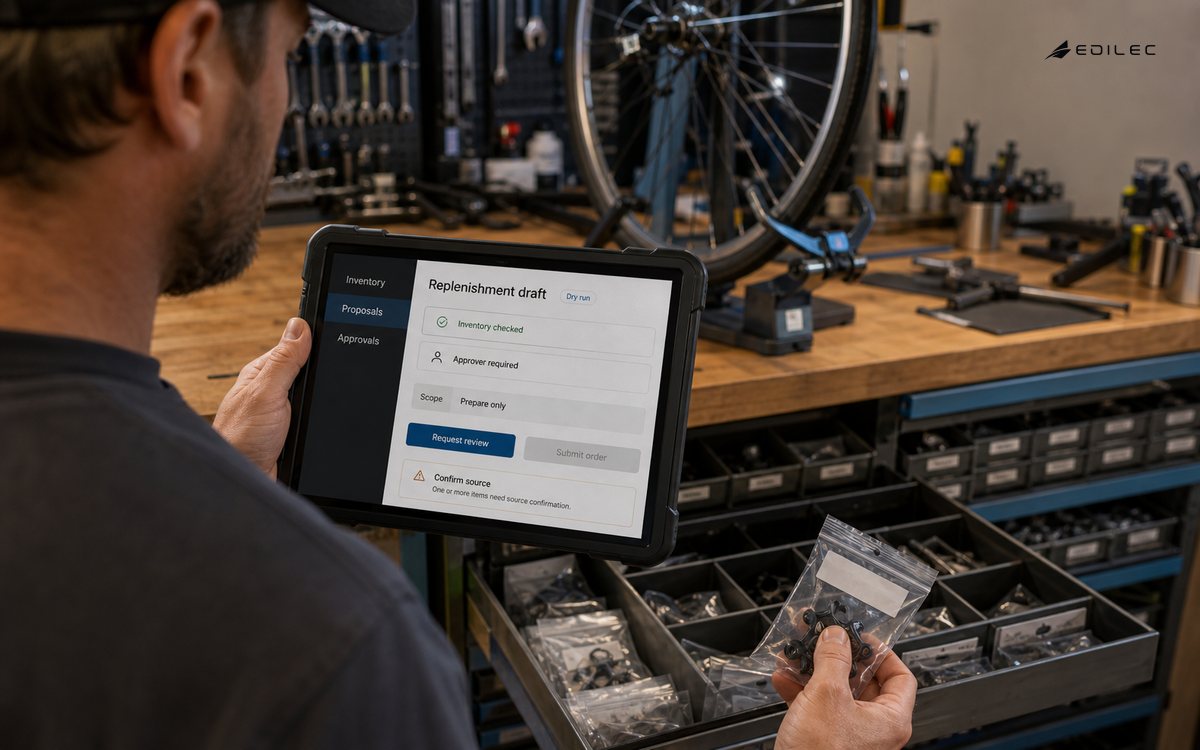 A standing parts coordinator holds a replenishment draft on a rugged tablet while checking a replacement component.