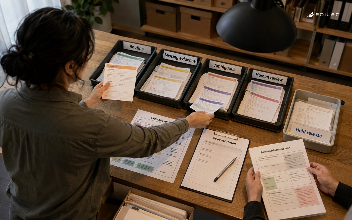 Evaluators compare claims-routing case cards with a rubric and move an ambiguous case to human review.
