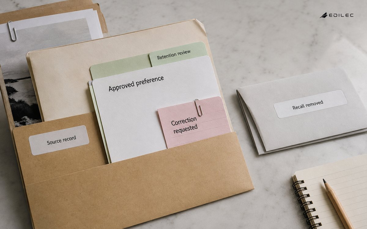 Source-reference cards, a correction slip and a separated recall envelope on a records worktop.